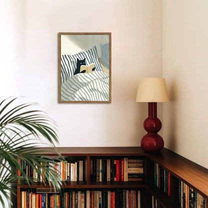 Funny Black Cat Wall Art Painting, Whimsical Cat in Stripe Bed Reading Wall Decor, Cute Animal Book Lover Blue and White Poster Canvas Prints for Bedroom Living Room 16x24 inch Wood Framed