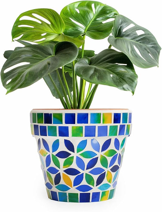 VOREEN 4.2 Inch Decorative Mosaic Terracotta Plant Pot, Handmade Glass Mosaic & Clay Flower Pot with Drainage Plug, Small Indoor Outdoor Planter for Home Decor, Windowsill, Balcony & Covered Patio
