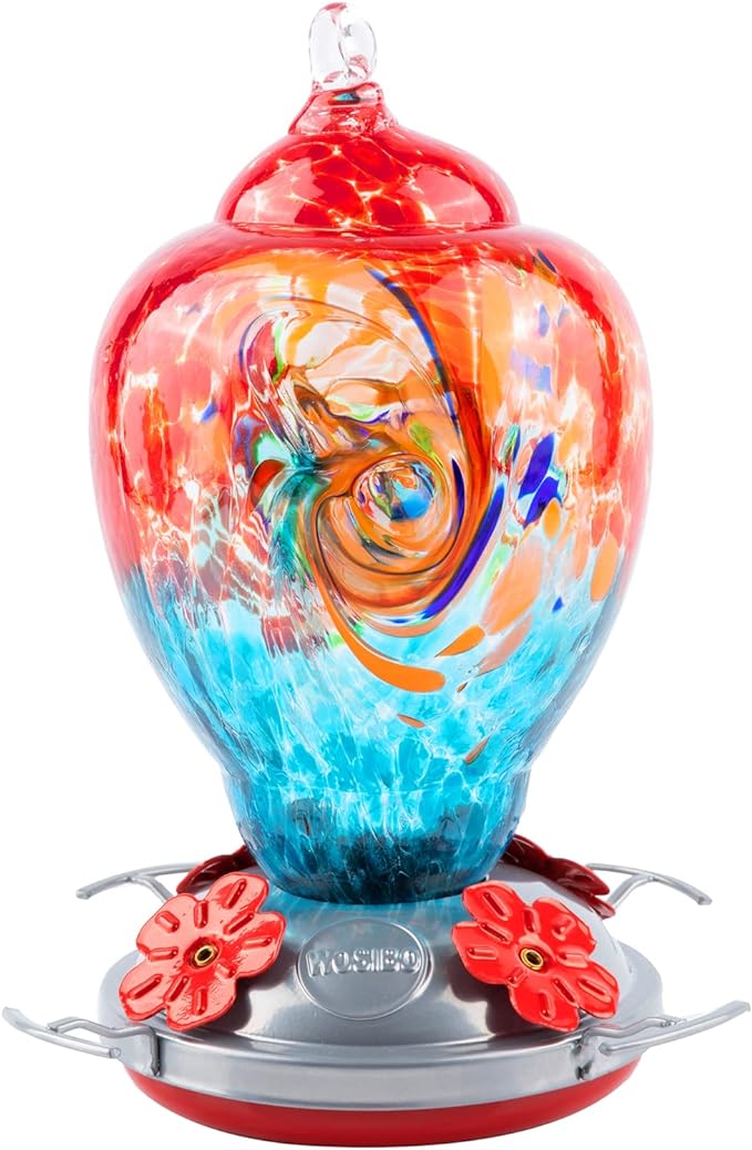 WOSIBO Hummingbird Feeder for Outdoors Patio Large 32 Ounces Colorful Hand Blown Glass Hummingbird Feeder with Ant Moat Hanging Hook, Rope, Brush and Service Card (Red-Blue)