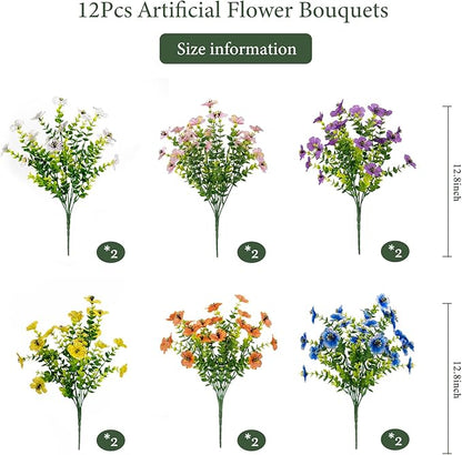 Artificial Flowers for Outdoors UV Resistant, 12 Bundles Realistic Silk Flower Faux Fake Plants for Porch Patio Yard Planters, Spring Summer Home Garden Decor, White