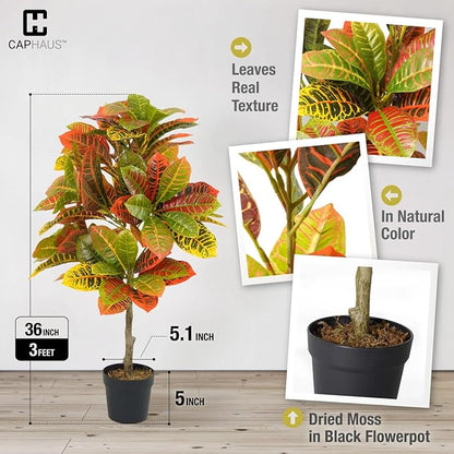 Fencer Wire 36 Inch Artificial Topiary Croton Tree, UV Resistant Artificial Outdoor Plants, Faux Bushes and Shrub, Fake Trees in Pot with Dried Moss, Artificial Plants for Front Porch, Indoor, Outdoor