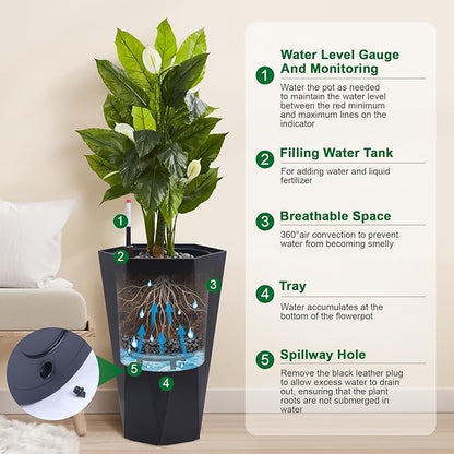 22.4 Inch Tall Planters for Outdoor Indoor Plants Set of 2, Tapered Large Flower Pots with 2 Trays and a Water Level Monitor with Wheels Planter Pots, Plant Pot for Patio, Balcony, Lounge
