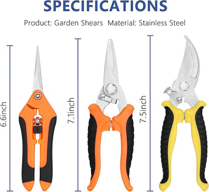 3-pack Garden Pruning Shears Set with Stainless Steel Blades, Bypass Pruners, Handheld Secateurs, Tree Trimmers, & Scissors Whetstone,a Clean Brush and a Hard Case, Ideal for trimming, pruning