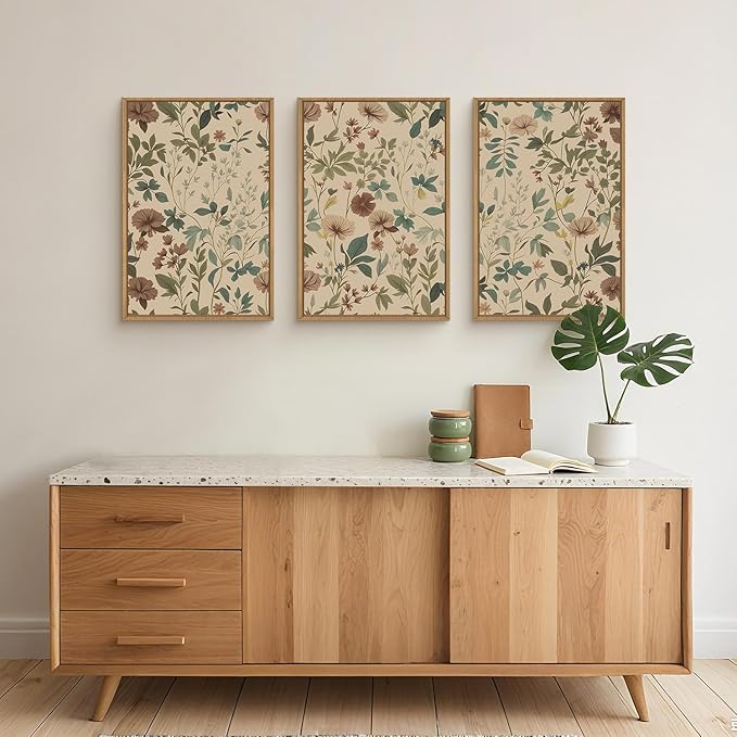 Aryroi Large Abstract Vintage Floral Framed Canvas Wall Art Set,Boho Retro Neutral Wildflower Wall Decor,Mid Century Antique Flower Botanical Artwork for Living Room,Bedroom,Farmhouse- 24"x36"x3