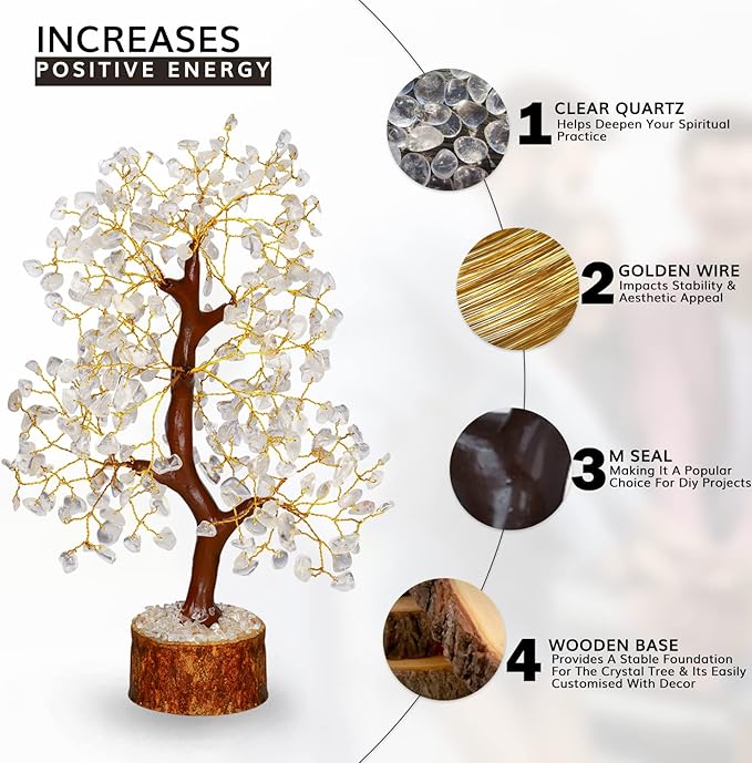 NARIBABU Clear Quartz Crystal Tree – 10-12 Inch Gemstone Tree with Golden Wire & Wooden Base – Healing Crystals Decor, Gifts for Her, Spiritual Gift, Birthday Gift for Women