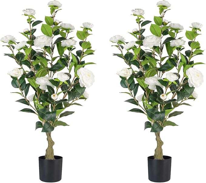 Artificial Camellia Tree 2 Pack, 3FT Faux Camellia Plant in Pot, 36 inch Fake Potted Camellia Flower Tree Plastic Camellia Tree for Modern Home Office Living Room Floor, Christmas, Decor Indoor, White