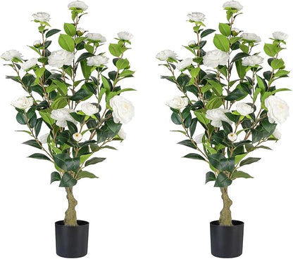 Artificial Camellia Tree 2 Pack, 3FT Faux Camellia Plant in Pot, 36 inch Fake Potted Camellia Flower Tree Plastic Camellia Tree for Modern Home Office Living Room Floor, Christmas, Decor Indoor, White