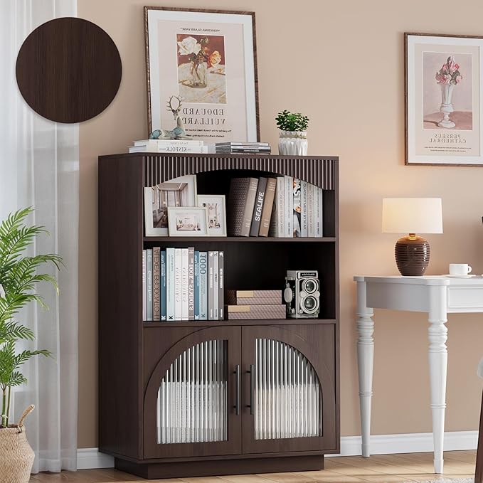 46" Bookshelf with Doors, Brown Bookcase with Glass Door, 3 Tier Small Bookshelf w/Deep Storage Cabinet and Adjustable Shelves, Wood Standing Mid Century Book Shelf for Home Office Kitchen