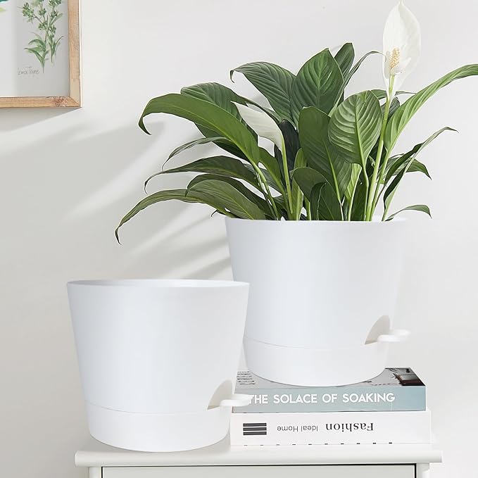 12 Inches Indoor Self Watering Planters with Drainage Holes and Saucers, 4 Pack (White)