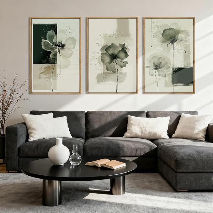 ANHUIB Black Neutral Floral Wall Art 16x24 Inch Abstract Flower Wall Decor Waterolor Painting Set of 3 for Living Room Bedroom Bathroom