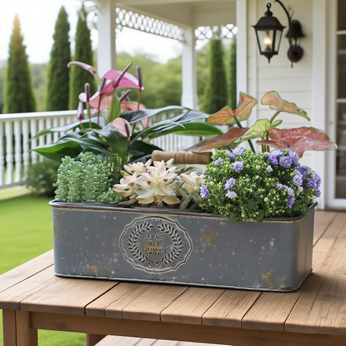 Vintage Metal Planter with Wooden Handle, Rustic Flower Pot with 6 Compartment Farmhouse Plants Holder Succulents Tubs for Garden Patio Yard Outdoor Decor (Blue - 6 Compartment)
