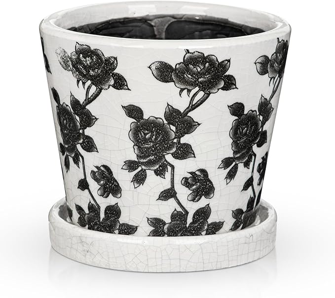 Ceramic Pot for Indoor Plants - 5.5 inch Flower Pot for Plants with Drainage Holes and Saucer Ice Crack Diamond Rose Flower Pattern Ceramic Planter for Outdoor Indoor Herb Snake Plant (Black & White)
