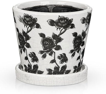 Ceramic Pot for Indoor Plants - 5.5 inch Flower Pot for Plants with Drainage Holes and Saucer Ice Crack Diamond Rose Flower Pattern Ceramic Planter for Outdoor Indoor Herb Snake Plant (Black & White)