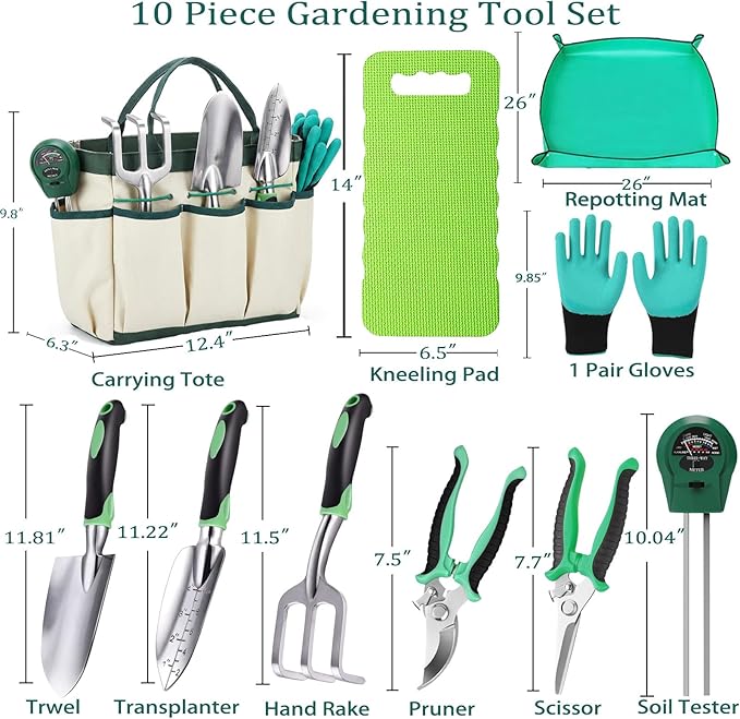 10 Piece Heavy-Duty Gardening Tools Set with Tote Bag - Rust-Proof Aluminum Gardening Hand Tools with Ergonomic Non-Slip Rubber Grips - Gardening Supplies Set Ideal Gift for Men & Women