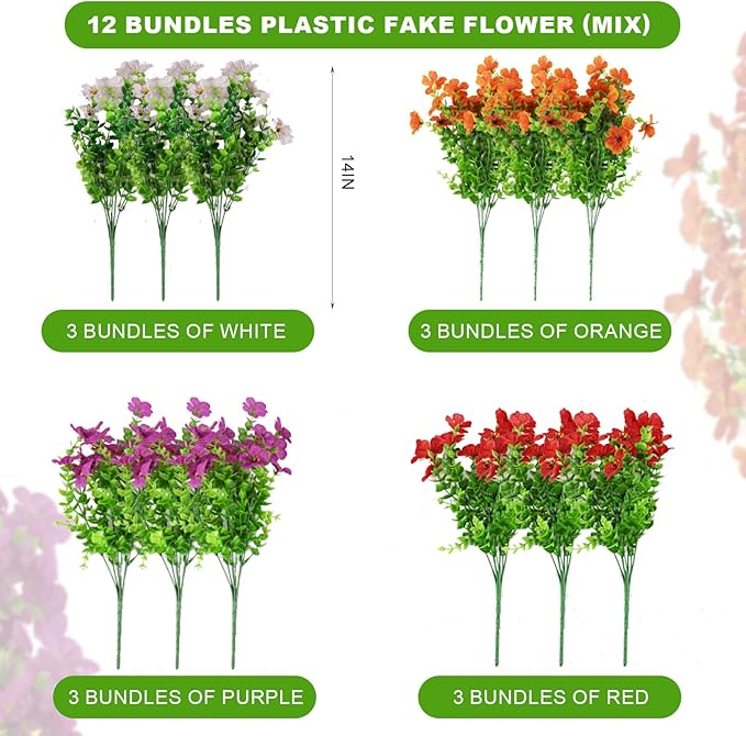 12 Bundles Artificial Flowers,Faux Plants for Spring Summer Decoration, UV Resistant Colorful Violets Eucalyptus for Outside Home Planter Porch Patio Yard Décor