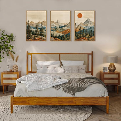 Ausril Boho Woodcut Mountain Framed Canvas Wall Art Set, Woodcut Pine Tree Wall Decor, Brown Wooden Forest Wall Painting, Vintage Mountain Sunrise Art Print for Living Room, Bedroom, Office 16"X24"X3