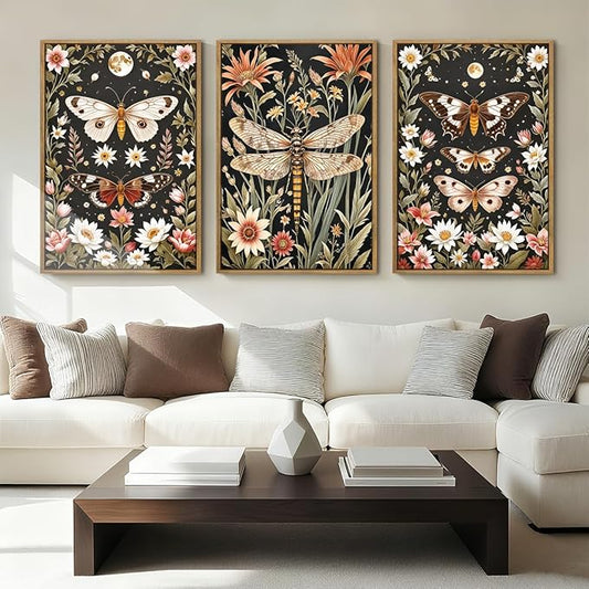 ANHUIB Extra Large Wall Art William Morris Wall Art 24x36 Inch Vintage Floral Wall Decor Butterfly Dragonfly Paintings Set of 3 for Living Room Bedroom Dining Room