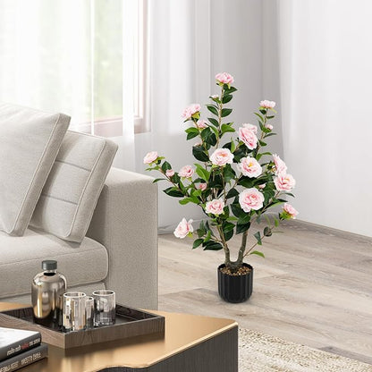 Goplus 38’’ Artificial Camellia Tree, 2 Pack Flower Plants Artificial Tree, Faux Floral Plant Blooming Tree in Cement Pot, Greenery Potted Plant for Indoor Outdoor Office Home Porch Decor