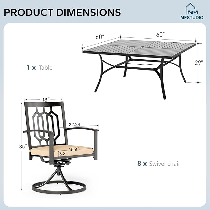 MFSTUDIO Patio Dining Set for 8, Square Outdoor Dining Set with Umbrella Hole, 9 Piece Patio Table and Chairs Set for Backyard Deck Poolside