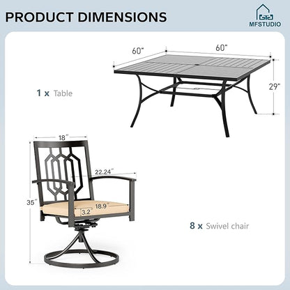 MFSTUDIO Patio Dining Set for 8, Square Outdoor Dining Set with Umbrella Hole, 9 Piece Patio Table and Chairs Set for Backyard Deck Poolside