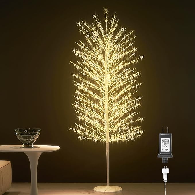 Hairui Lighted White Tree with Timer and Dimmer 1280L Warm White Fairy Lights 6FT, Twig Tree with Lights for Indoor Outdoor Home Christmas Winter Holidays Party Decoration
