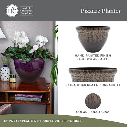 The HC Companies 16 Inch Pizzazz Round Planter Pots with Ceramic Look, Lightweight UV-Resistant Plastic Outdoor Planters, 2-Pack Flower Pots for Garden & Home Decor, Foggy Gray