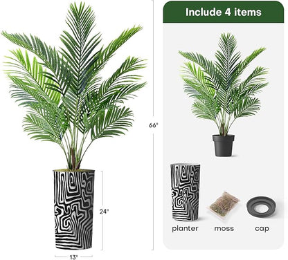 Artificial Tree in Modern Geometric Pattern Planter, Fake Areca Tropical Palm Silk Tree for Indoor and Outdoor Home Decoration - 66" Overall Tall (Plant Pot Plus Tree)