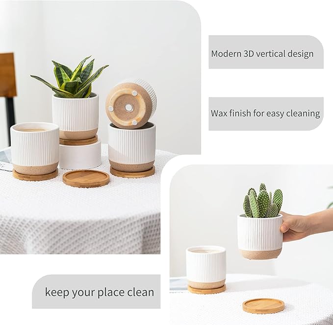 4 Inch Ceramic Plant Pots with Drainage Holes and Trays, Modern Small Minimalist Flower Planter Pot with Saucers for Indoor Plants, Succulent, Snake Plants, Cactus & Herbs, White, Set of 4