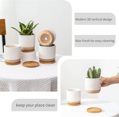 4 Inch Ceramic Plant Pots with Drainage Holes and Trays, Modern Small Minimalist Flower Planter Pot with Saucers for Indoor Plants, Succulent, Snake Plants, Cactus & Herbs, White, Set of 4