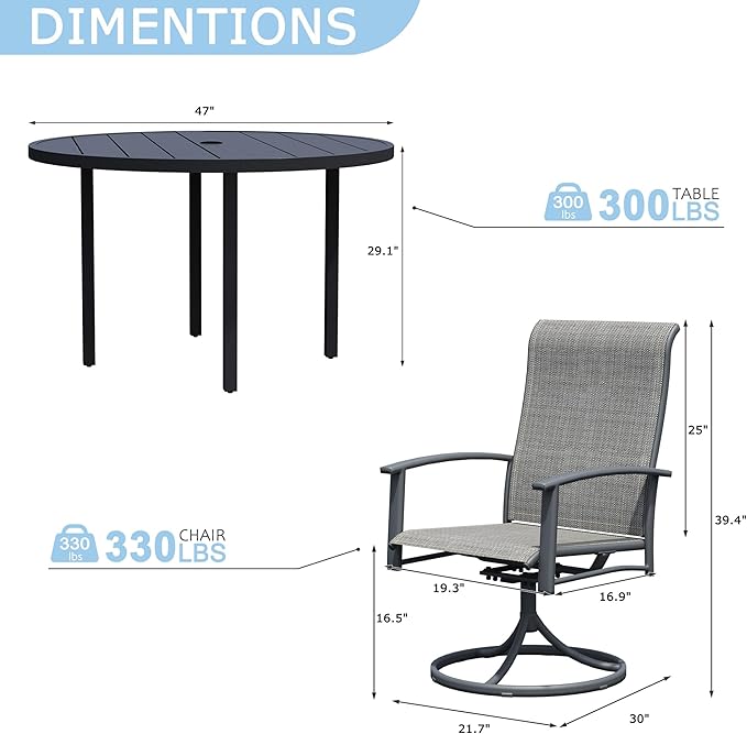 7 Piece Outdoor Dining Set, 47" Black Round Outdoor Dining Table with 6 Grey Swivel Patio Table and Chair Set of 6 for Lawn, Garden, or Porch