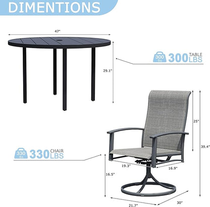 7 Piece Outdoor Dining Set, 47" Black Round Outdoor Dining Table with 6 Grey Swivel Patio Table and Chair Set of 6 for Lawn, Garden, or Porch