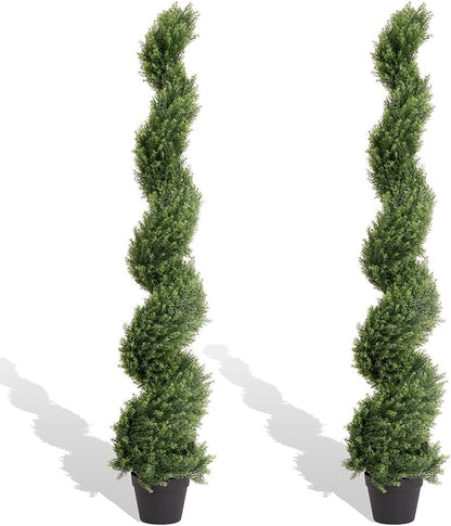 THE BLOOM TIMES 5ft Artificial Topiary Trees Set of 2, Faux Cedar Cypress Spiral Topiary Trees Outdoor - Fake Plants for Garden Front Porch Indoor Outside Planter Decor 5 Foot