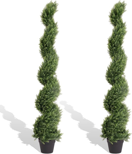 THE BLOOM TIMES 5ft Artificial Topiary Trees Set of 2, Faux Cedar Cypress Spiral Topiary Trees Outdoor - Fake Plants for Garden Front Porch Indoor Outside Planter Decor 5 Foot
