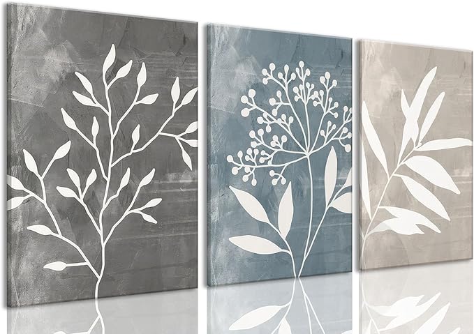 okudolit Vintage Botanical Canvas Wall Art Set of 3 Blue Grey and Beige Neutral Plant Leaf Prints Boho Minimalist Floral Art Pictures Wall Decor for Living Room Bedroom bathroom Office-12x16in