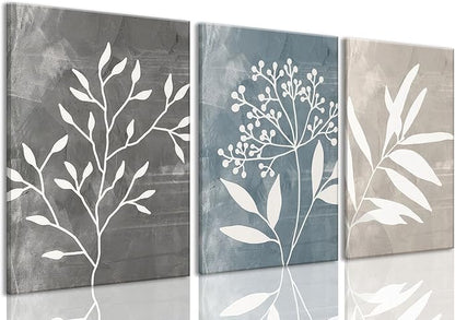 okudolit Vintage Botanical Canvas Wall Art Set of 3 Blue Grey and Beige Neutral Plant Leaf Prints Boho Minimalist Floral Art Pictures Wall Decor for Living Room Bedroom bathroom Office-16x24in