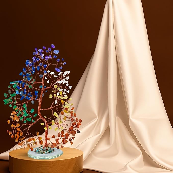 Seven Chakra Crystal Gem Tree with Natural Agate Slice Base – Handmade Wire Tree for Energy Healing, Meditation & Home Decor