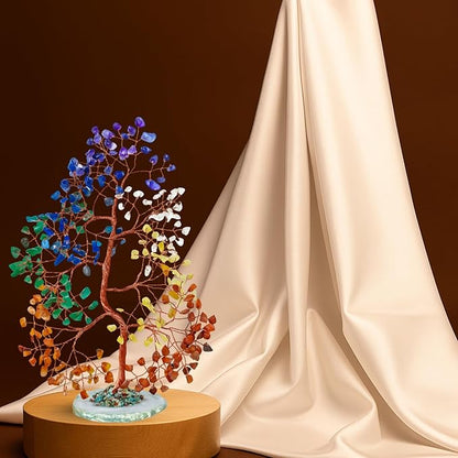 Seven Chakra Crystal Gem Tree with Natural Agate Slice Base – Handmade Wire Tree for Energy Healing, Meditation & Home Decor