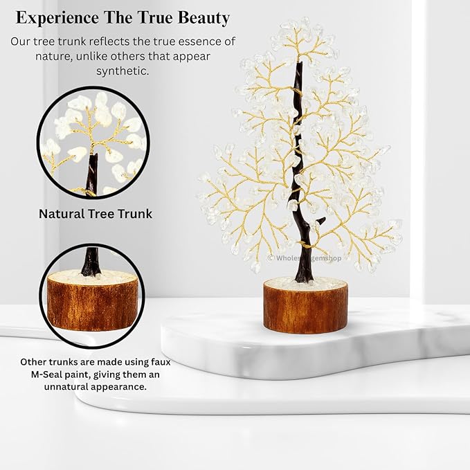 GEMSCITE Clear Quartz Crystal Tree with Golden Wire – Handmade Gemstone Bonsai for Energy Healing & Home Decor
