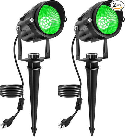 Christmas Green LED Spot Lights Outdoor, 14 LED Landscape Lighting with US Plug, IP65 Waterproof Spotlights for Tree Yard Garden Pathway Halloween St. Patrick's Day Flag Decor 2 Pack