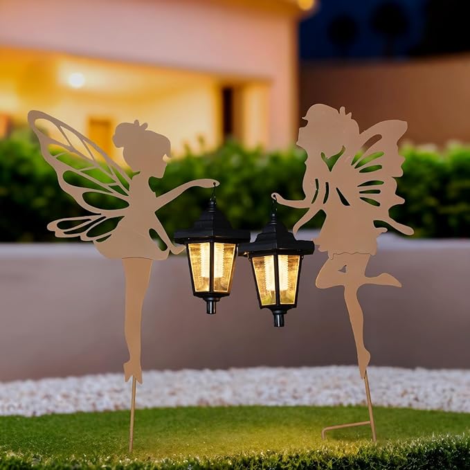 Solar Fairy Garden Decor Lights, 2 Packs, Metal Hanging Lanterns with Warm Solar Glow for Women, Mom, Friends (Rust-Colored Fairy Big Lights)