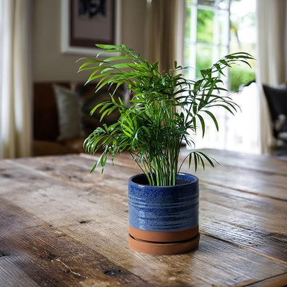 6 Inch Plant Pots, Ceramic Planter Pot with Drainage Hole & Saucer, Indoor/Outdoor Cylinder Round Planter Pot, Aqua Blue & Terracotta Red