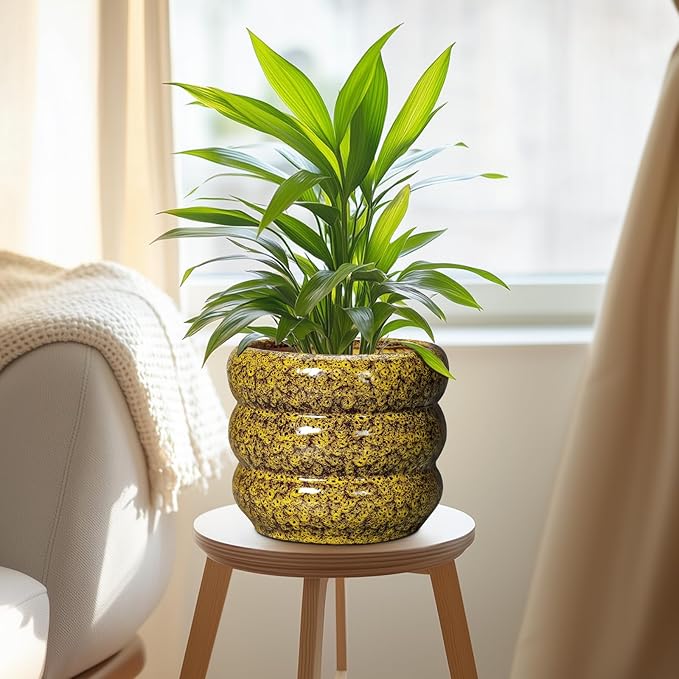 SQOWL Ceramic Planter - 8 Inch Indoor Plant Pot with Drainage Hole, Round Planter for Outdoor Plants, Ceramic Flower Pots, Bubble Planters, Home Room Porch Decor, Plant Lover Gifts, Yellow