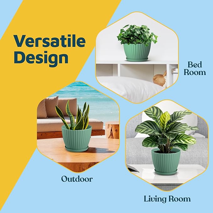Mint 6-Inch Plant Pots with Drainage & Saucers 12 Pack, Indoor & Outdoor Planters for Houseplants, Herbs, and Flowers, Durable & Weatherproof Material, Stackable, Lightweight, Minimalist Design