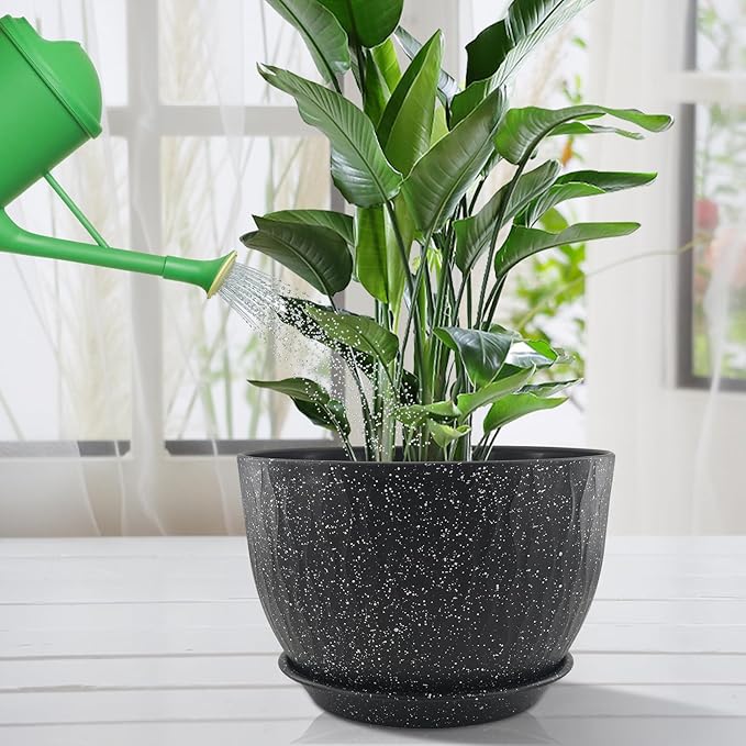 12 inch Large Plant Pots, Flower Pots with Multi-Mesh Drainage Holes and Saucer, Plastic Planters for Indoor and Outdoor Garden Plants (Speckled Black, 12")