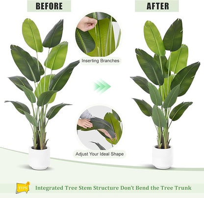 Artificial Bird of Paradise Plant 6Ft Tall Fake Tropical Palm Tree Large Fake Plants with 13 Silk Banana Leaves Faux Plant Indoor Decor Trees with White Pot for Home Bedroom Living Room Office（2pcs）