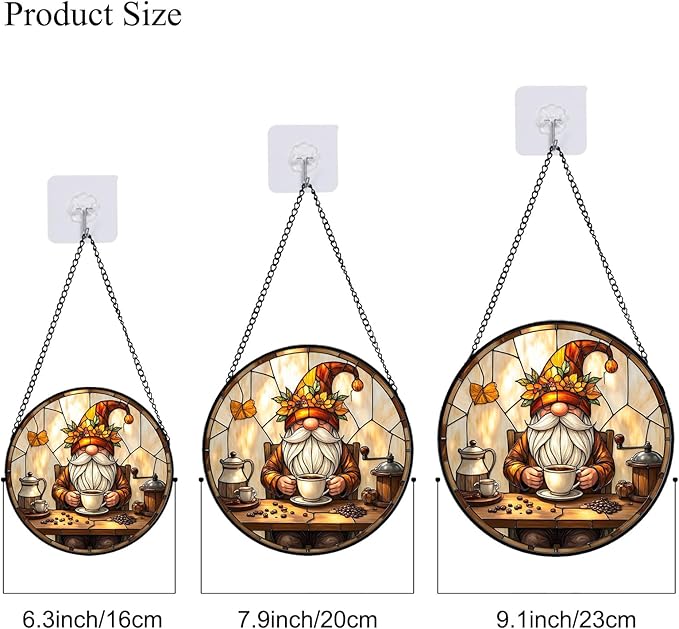Stained Glass Window Hanging, Coffee Gnome Sun Catcher for Indoor Window Decoration, Stained Glass Coffee Nook/Corner Decor Gift for Women and Men G48 (7.9'')