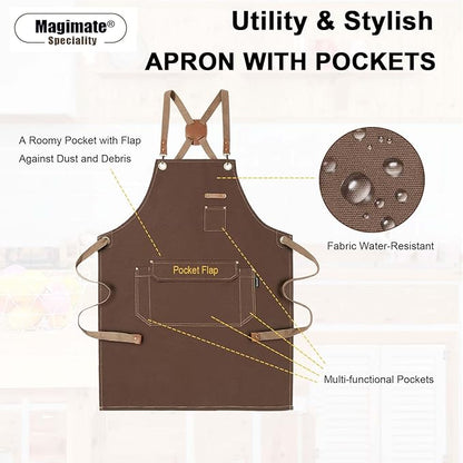 Chef Apron with Cross Back Straps for Men Women, Cotton Canvas Apron for Artists Painting, Kitchen Cooking