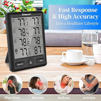 Geevon Indoor Outdoor Thermometer Wireless with 3 Remote Sensors, Digital Hygrometer Thermometer, Wireless Temperature Humidity Monitor Gauge with 200FT/60M Range (Black)