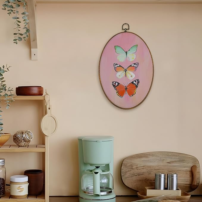 LKETW Butterfly Oval Wall Art Decor, Colorful Butterfly Oval Canvas Hanging Decor, Nature Insert Pink Wall Decorations for Girly Room Bedroom Home Living Room Office, 8.6x11.4 Inch