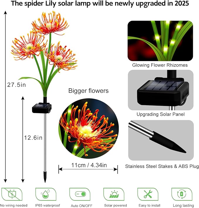 Solar Garden Flower Lights Outdoor,2 Pack 6-Head Orange Spider Lily Waterproof with Glowing Stems,Elegant Yard & Patio Decor,Ideal Thanksgiving,Christmas & Gardening Gifts for Women,Mothers & Grandma